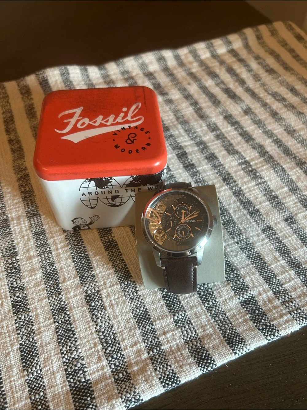 Fossil Men's Brown Leather Strap Watch with Black Dial and Silver Case